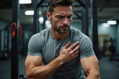 Homme sportif tenant son aisselle gauche avec une expression de douleur après l'effort physique en salle de sport