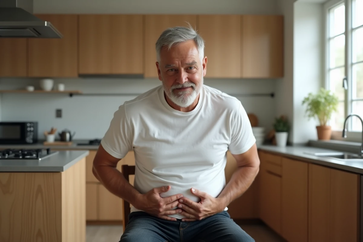 Homme assis tenant son abdomen sous les côtes, illustrant la localisation de la douleur pancréatique en contexte domestique