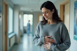 Femme tenant son abdomen supérieur gauche, zone de douleur typique du pancréas, dans un couloir de clinique moderne