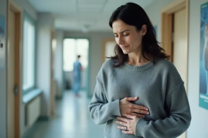 Femme tenant son abdomen supérieur gauche, zone de douleur typique du pancréas, dans un couloir de clinique moderne