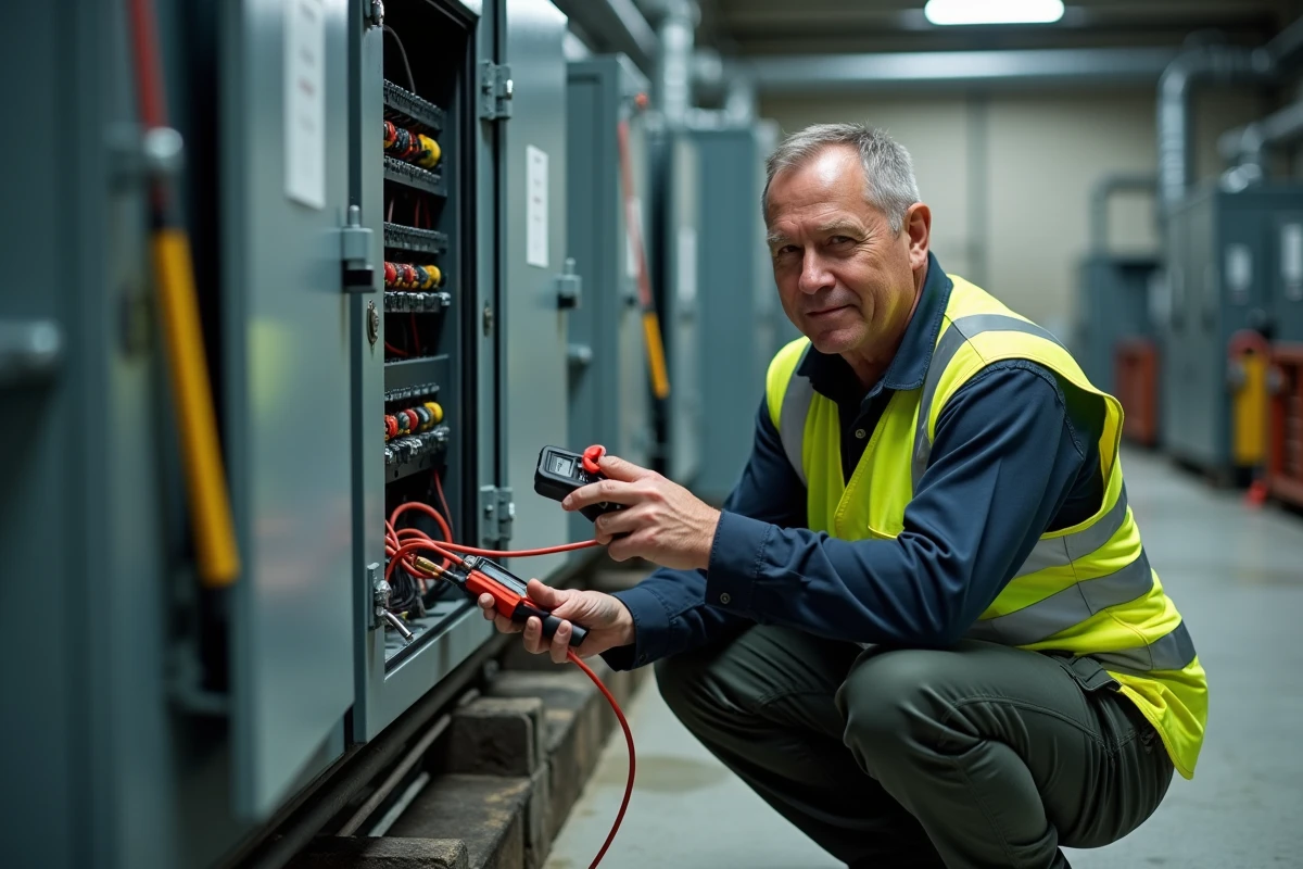 Électricien industriel mesurant une tension alternative avec une pince ampèremétrique sur un tableau électrique en usine