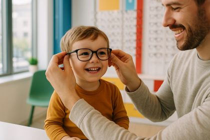 Jeune enfant essayant des lunettes pour la premi&egrave;re fois dans un cabinet lumineux