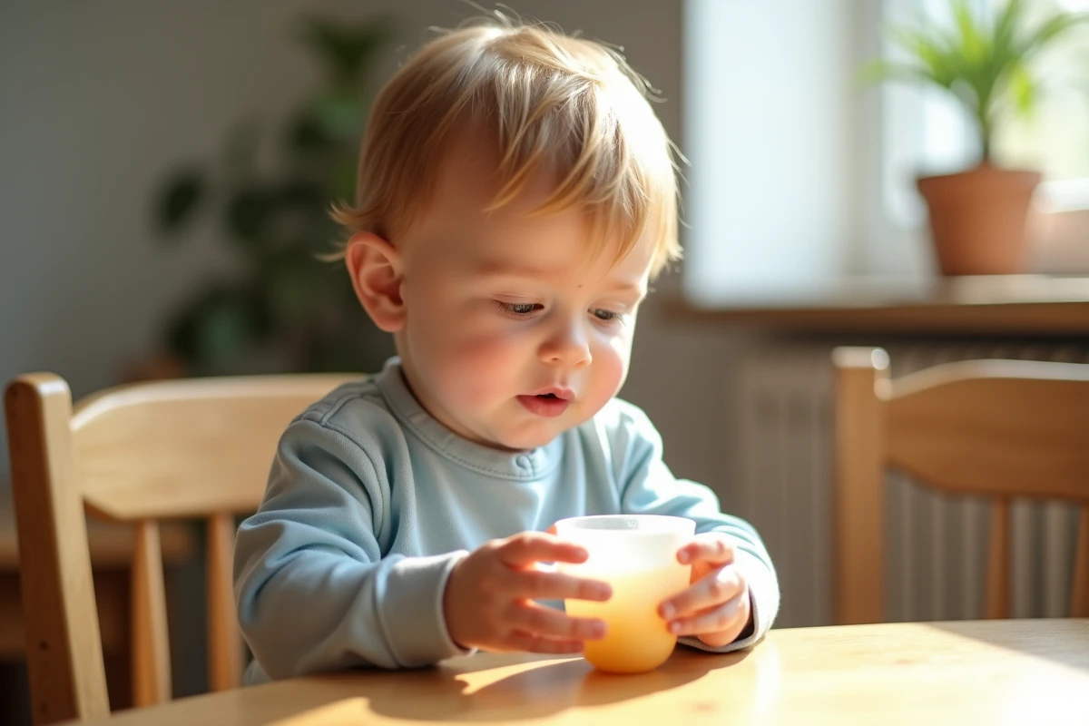 Jeune enfant tenant un verre d'eau avec les deux mains dans un cadre familial chaleureux, illustrant la question de l'hydratation adaptée aux enfants