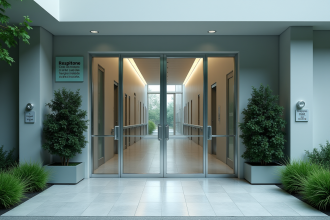 Entrée d'un hopital moderne avec portes en or et plantes vertes