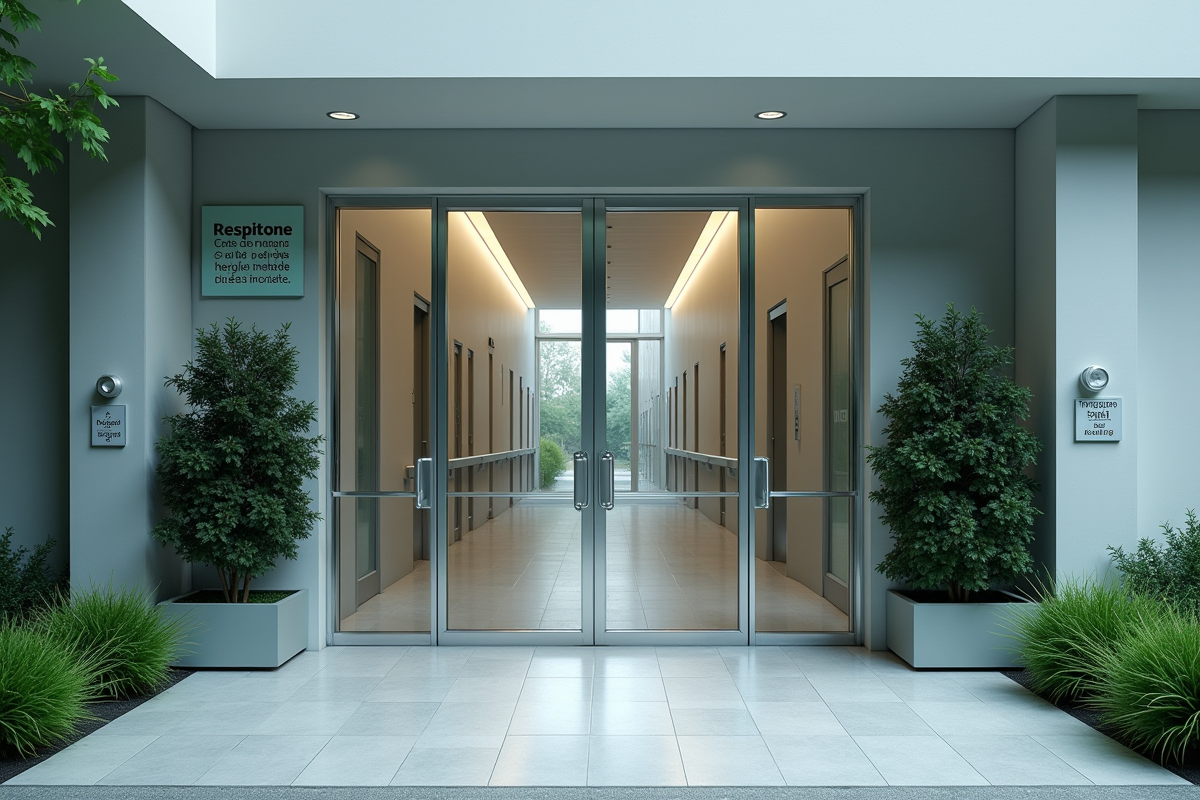 Entrée d'un hopital moderne avec portes en or et plantes vertes