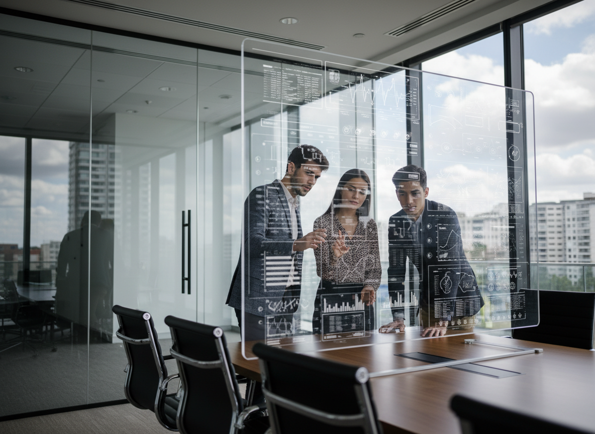 Groupe de spécialistes analysant des données sur un écran interactif