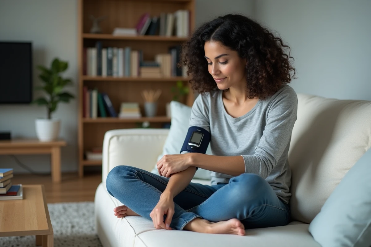 Jeune femme utilisant un tensiomètre au poignet dans une mauvaise posture sur un canapé, illustrant une erreur fréquente de mesure