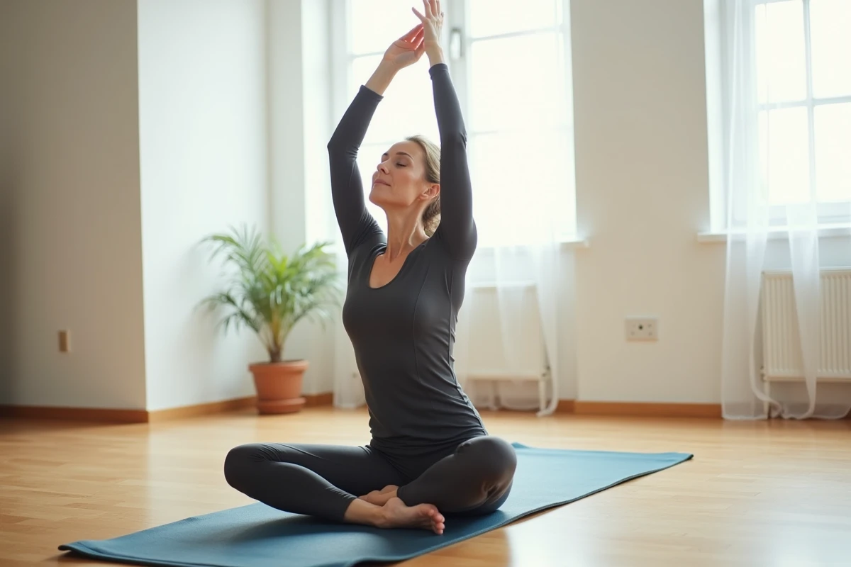 Femme pratiquant des étirements doux sur un tapis de yoga pour soulager une douleur intercostale