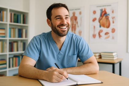 Étudiant souriant en cours de sciences de la santé
