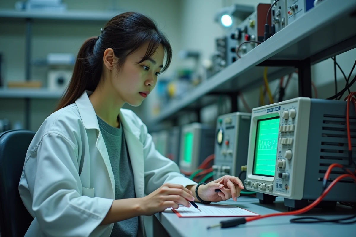 Étudiante en génie électrique analysant une tension alternative sinusoïdale sur un oscilloscope en laboratoire universitaire