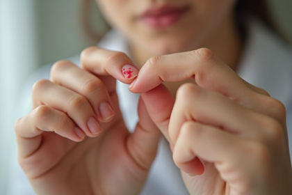 Personne examinant des plaques rouges entre les doigts