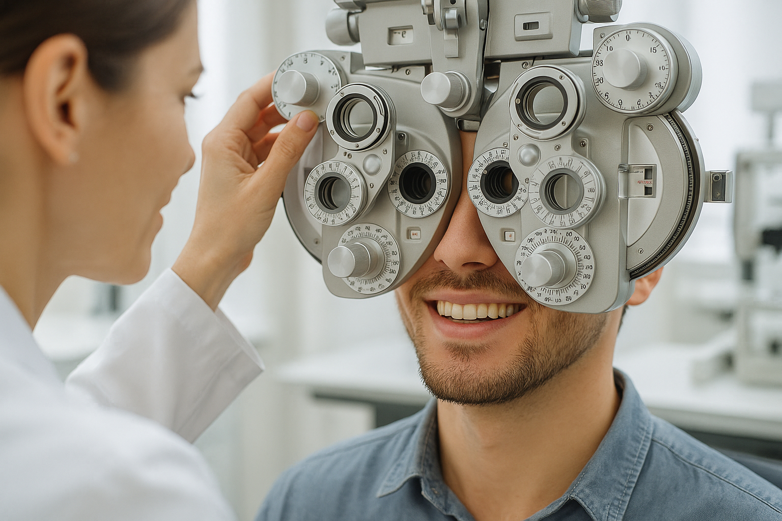 Examen de la vue avec un opticien utilisant un phoroptère sur un jeune homme souriant