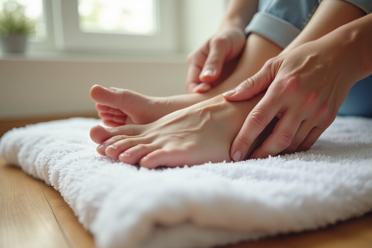 Gros plan sur un pied d elderly sur une serviette blanche avec une main qui examine la peau