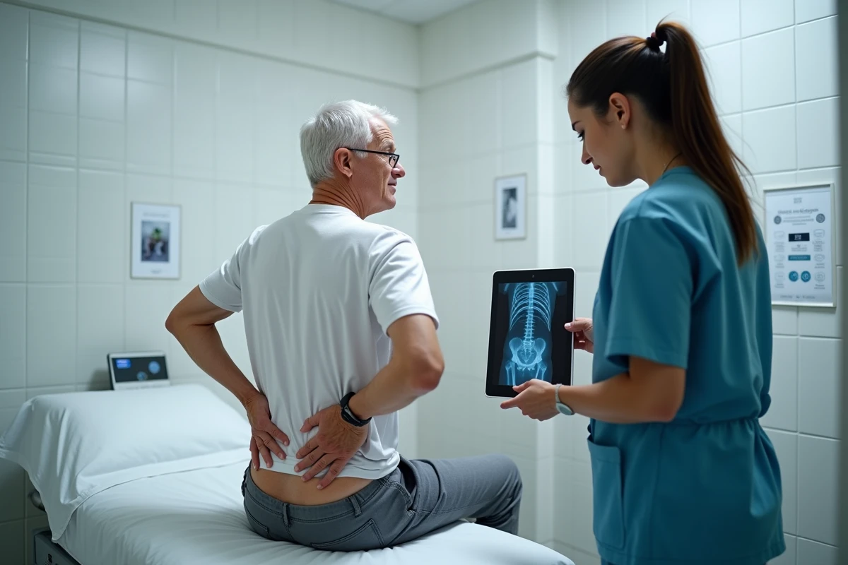 Médecin et patient examinant une radiographie pour diagnostiquer une coccydynie