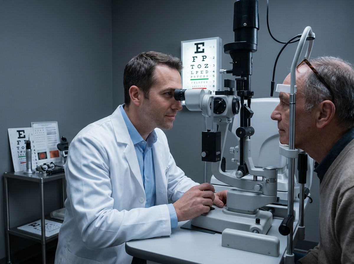 Opticien réalisant un examen de la vue sur un patient âgé avec un équipement ophtalmologique professionnel