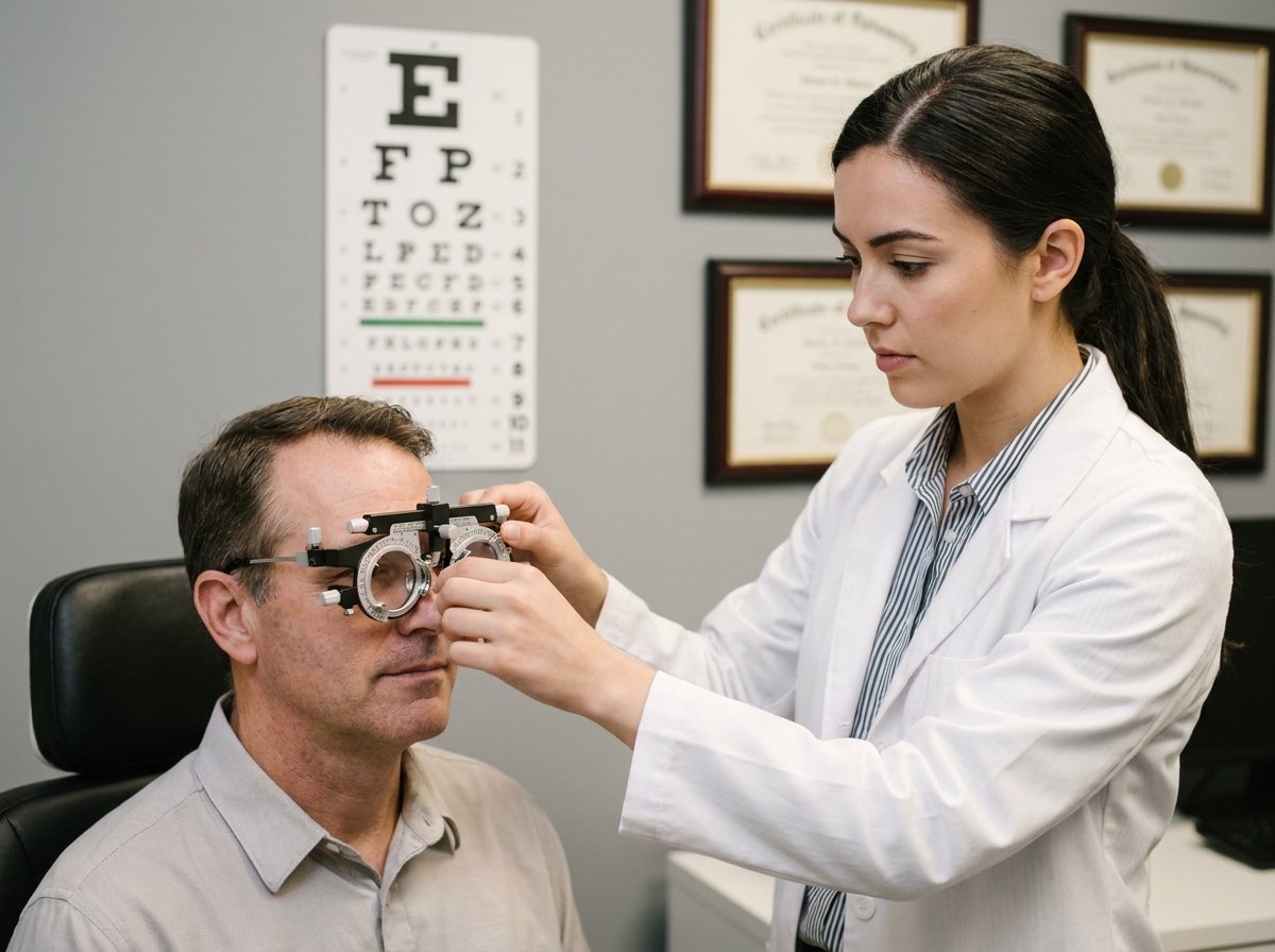 Opticienne réalisant un examen de vue professionnel dans un cabinet d'optique à Saint-Étienne
