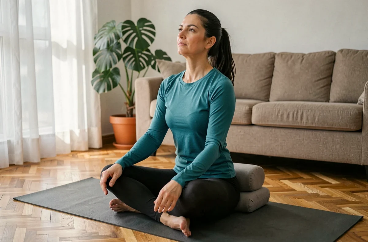 Femme réalisant une posture de correction cervicale à domicile sur tapis de yoga pour prévenir les douleurs liées à une protrusion discale C5 C6