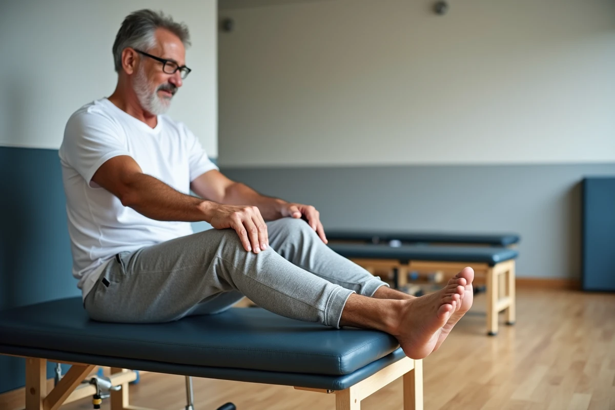 Patient réalisant des exercices de kinésithérapie pour soulager une bursite de l'orteil avec une bande de résistance