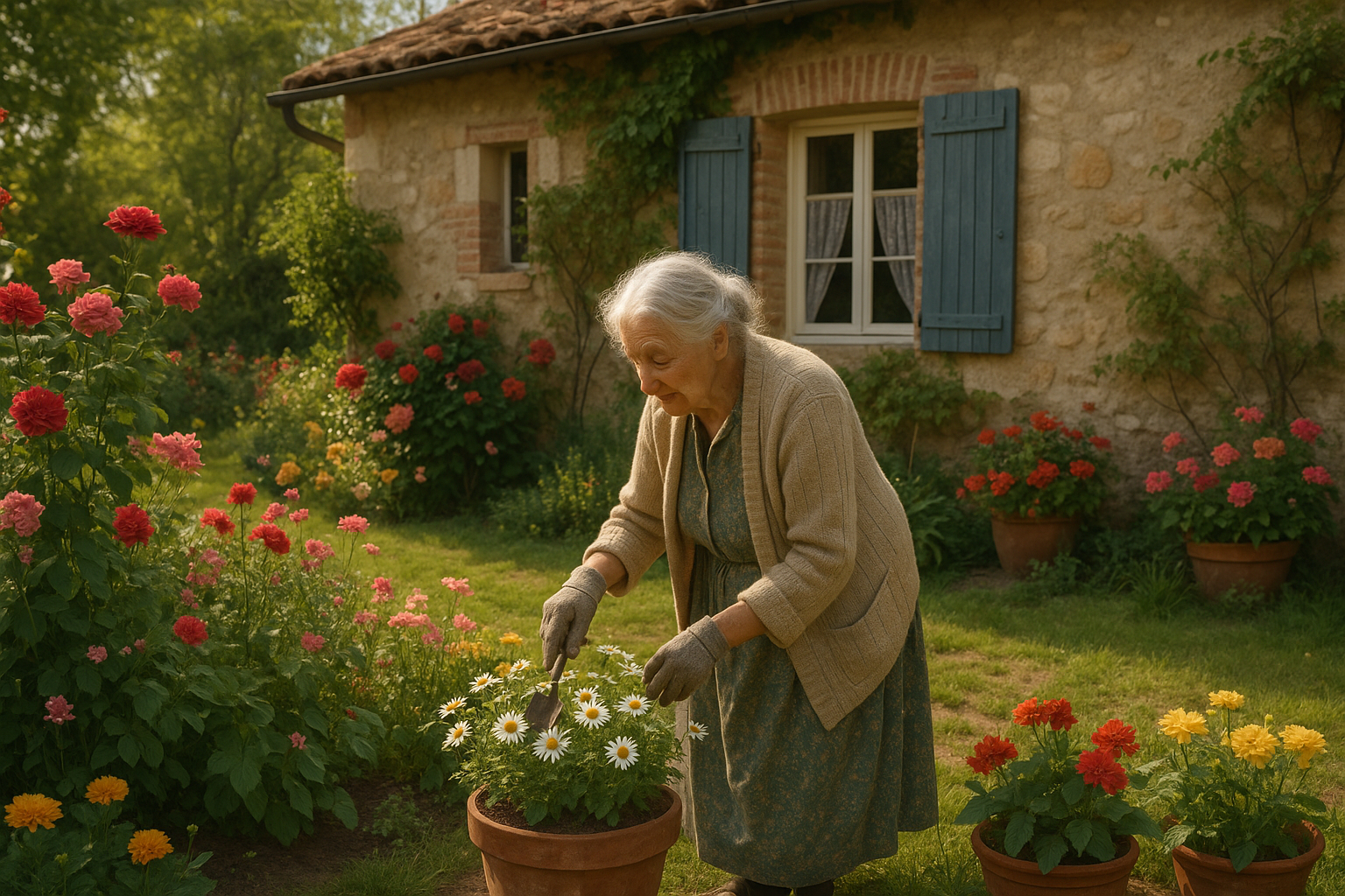 Femme âgée jardinant dans son jardin en Lot et Garonne