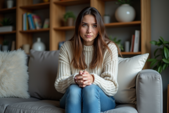 Femme anxieuse assise sur un canapé dans un salon