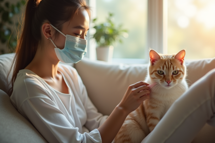 Jeune femme avec masque caressant un chat dans le salon