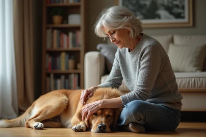 Femme inquiète caressant son golden retriever malade allongé sur le sol en bois d'un salon chaleureux