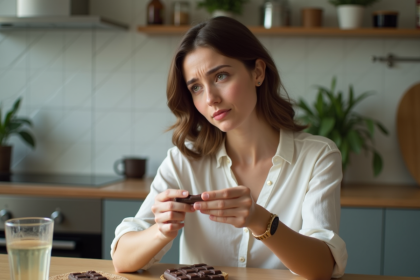 Femme pensant au chocolat dans sa cuisine lumineuse