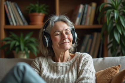 Femme détendue avec casque dans un salon cosy