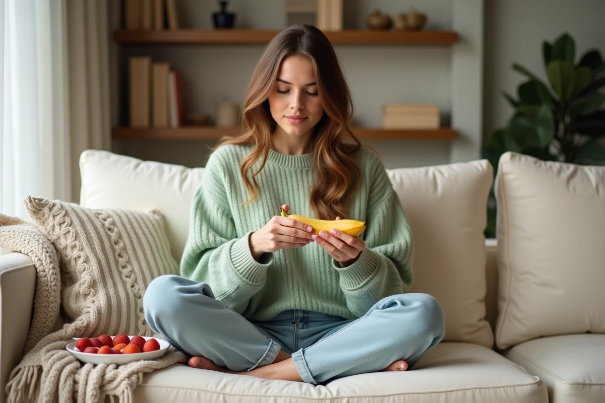 Jeune femme dégustant une banane et des fruits secs comme collation saine sur un canapé