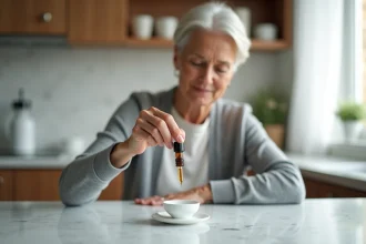 Femme comptant des gouttes de médicament Célestène dans une cuillère dans une cuisine moderne