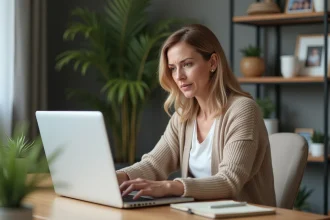 Femme concentrée devant son ordinateur dans un bureau à domicile