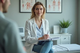 Femme en consultation médicale dans une salle calme