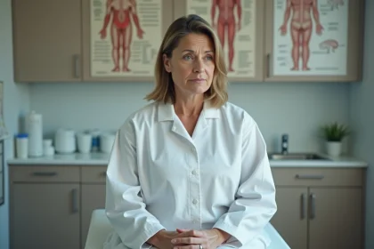 Femme assise sur une table d'examen médical tenant ses mains sur ses genoux dans un cabinet de médecin, illustrant une consultation pour ganglions inguinaux