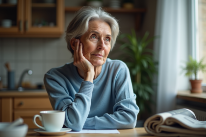 Femme d'âge moyen en pull bleu contemplant un verre d'eau
