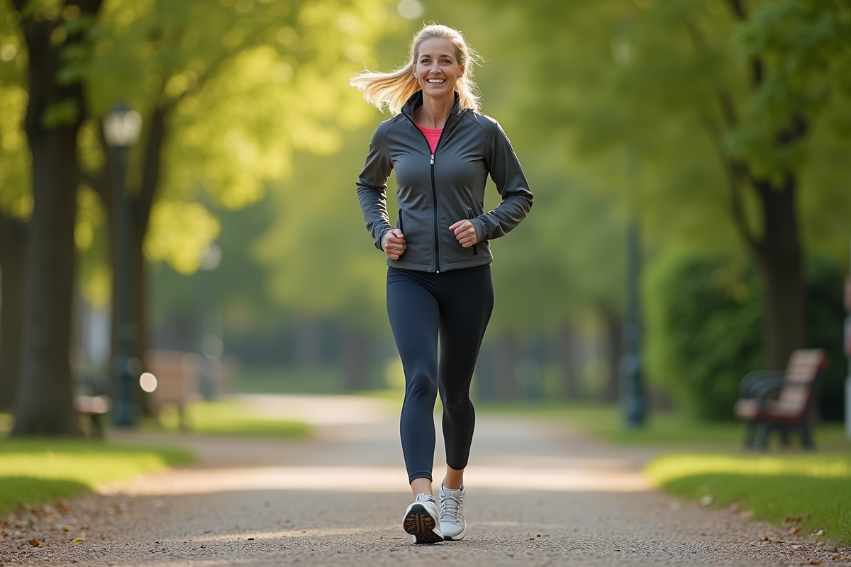 Femme sportive marchant dans un parc verdoyant