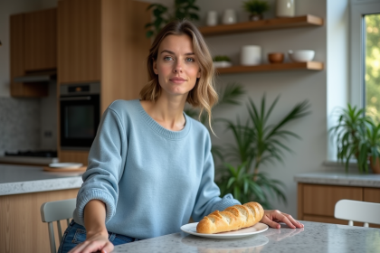 Femme en cuisine avec baguette tranchée dans un cadre moderne