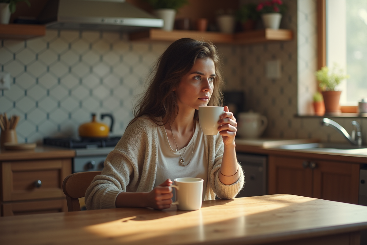 Femme enceinte buvant une tisane dans la cuisine