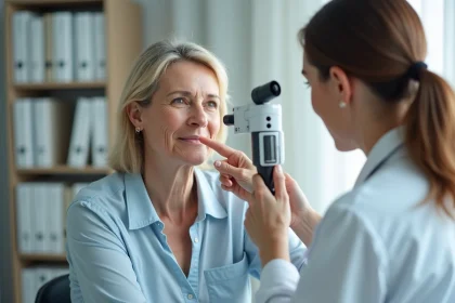 Femme d'âge moyen lors d'un examen de la peau par un dermatologue