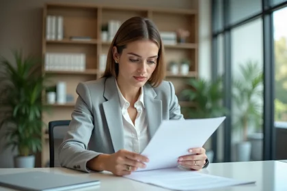 Femme consultant un document administratif de la CPAM à son bureau