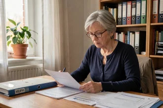 Femme en train de consulter des documents MDPH à son bureau à domicile pour comprendre ses droits liés aux maladies reconnues