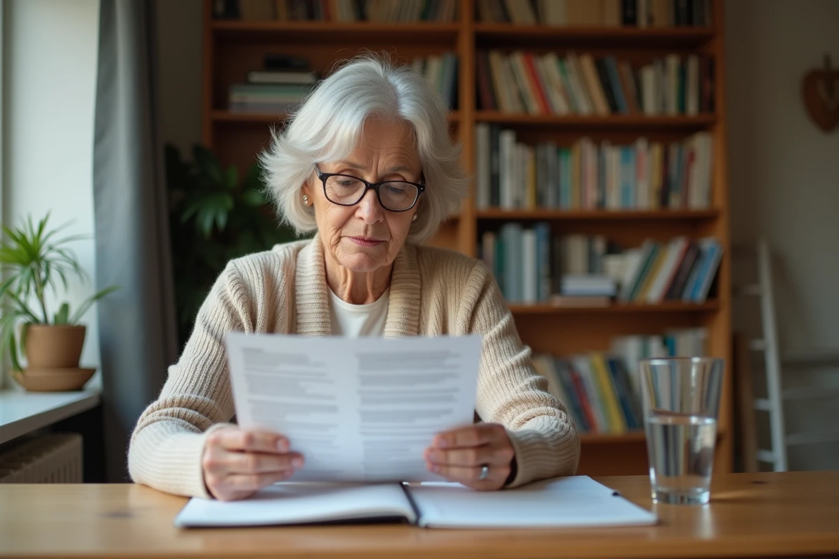 Femme à domicile lisant une brochure médicale sur les ganglions inguinaux, illustrant la prise en charge et l'information sur la santé féminine