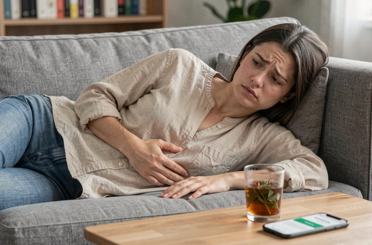 Jeune femme allongée sur un canapé tenant son côté droit avec une expression de gêne abdominale évoquant des symptômes hépatiques préoccupants