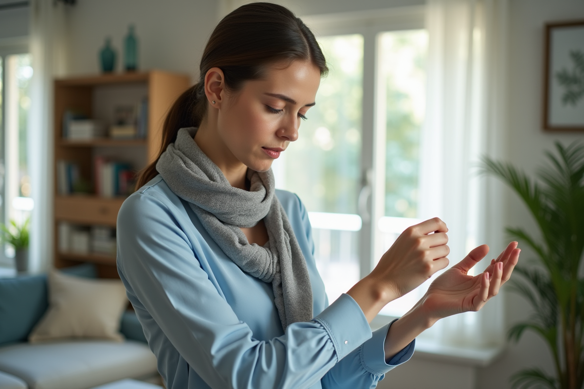 Femme examinant une tache rouge sur son avantbras