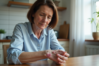 Femme examinant des plaques rouges sur ses mains