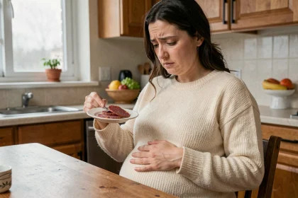 Femme enceinte inquiète devant une assiette de charcuterie dans sa cuisine, main posée sur le ventre