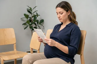 Femme enceinte consultant ses résultats d'hémogramme dans une salle d'attente médicale