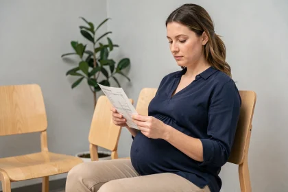 Femme enceinte consultant ses résultats d'hémogramme dans une salle d'attente médicale