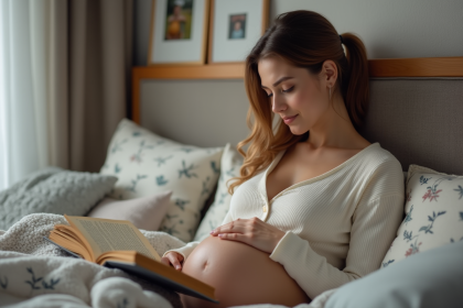 Femme enceinte lisant dans son lit dans une chambre douce