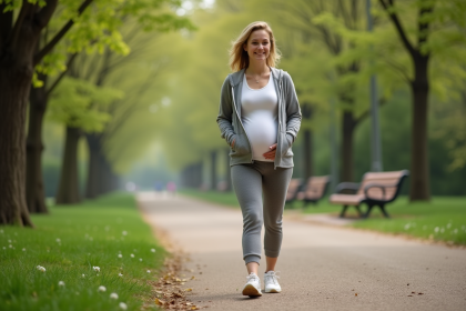 Femme enceinte marchant dans un parc verdoyant au printemps