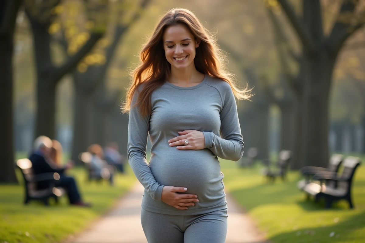 Femme enceinte marchant dans un parc au printemps
